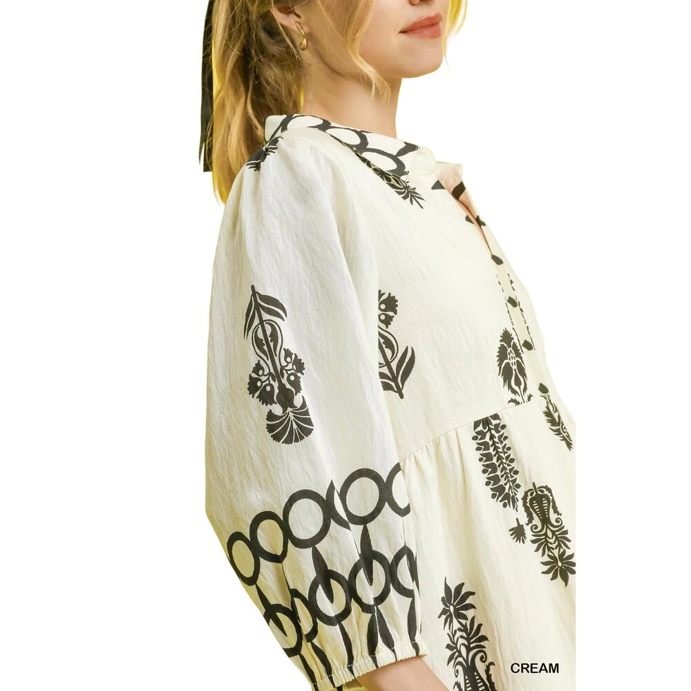 NWT Cora Black and Cream Boho Print Midi Dress with Puff Sleeves Large - Picture 3 of 9